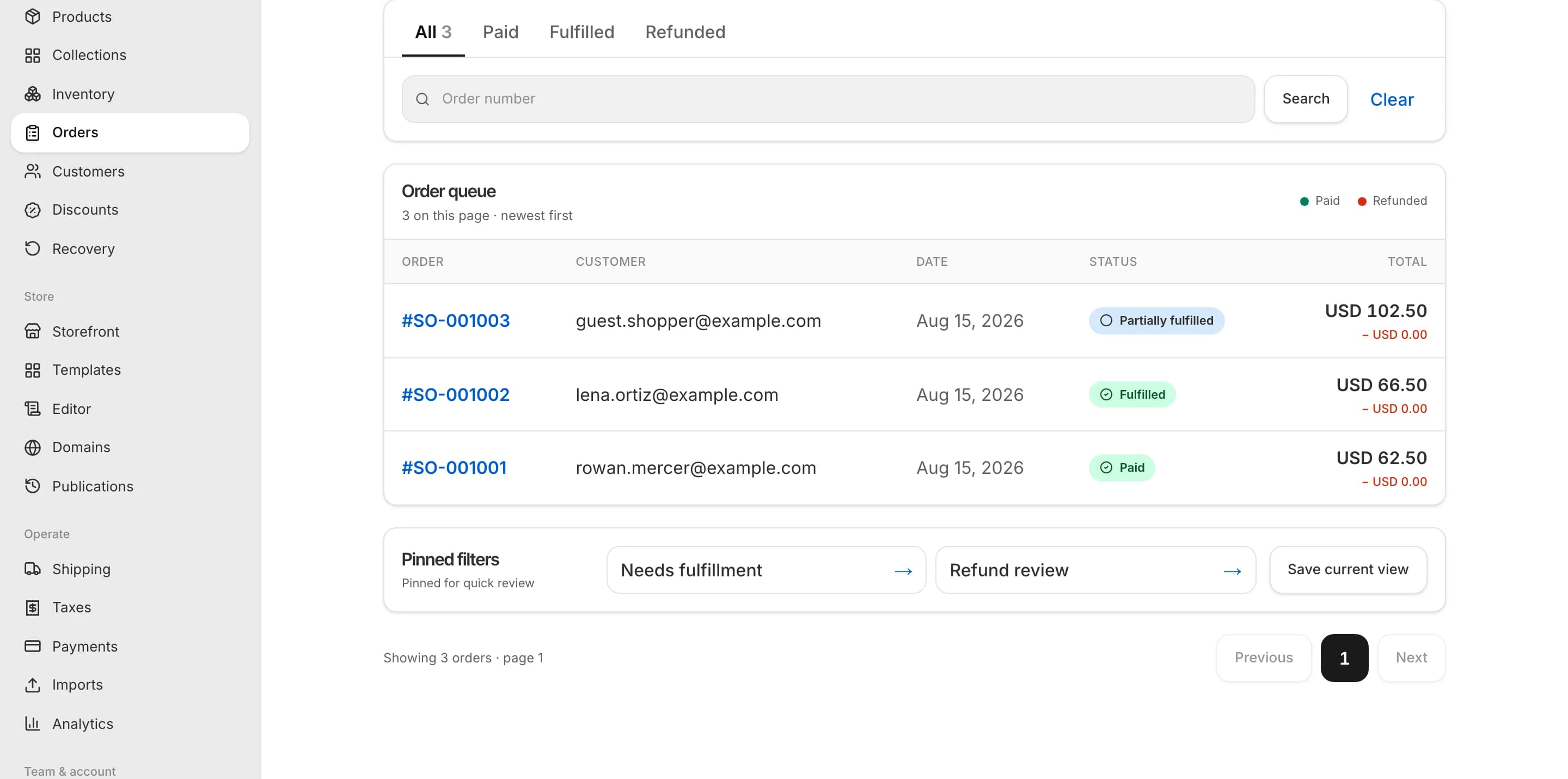 The merchant workspace showing the orders list of the demo store