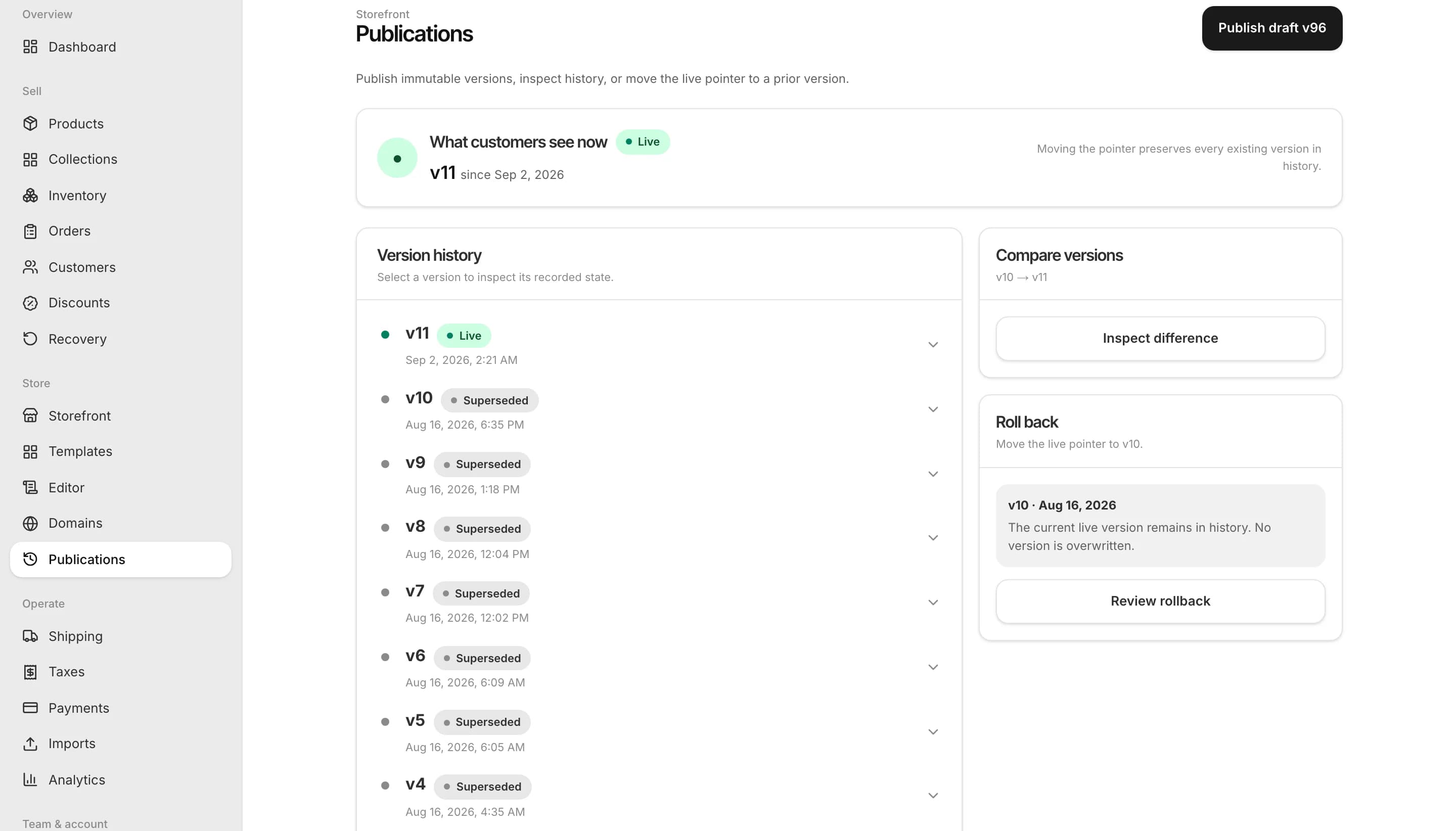 Publication history of the demo store, with earlier versions ready to restore
