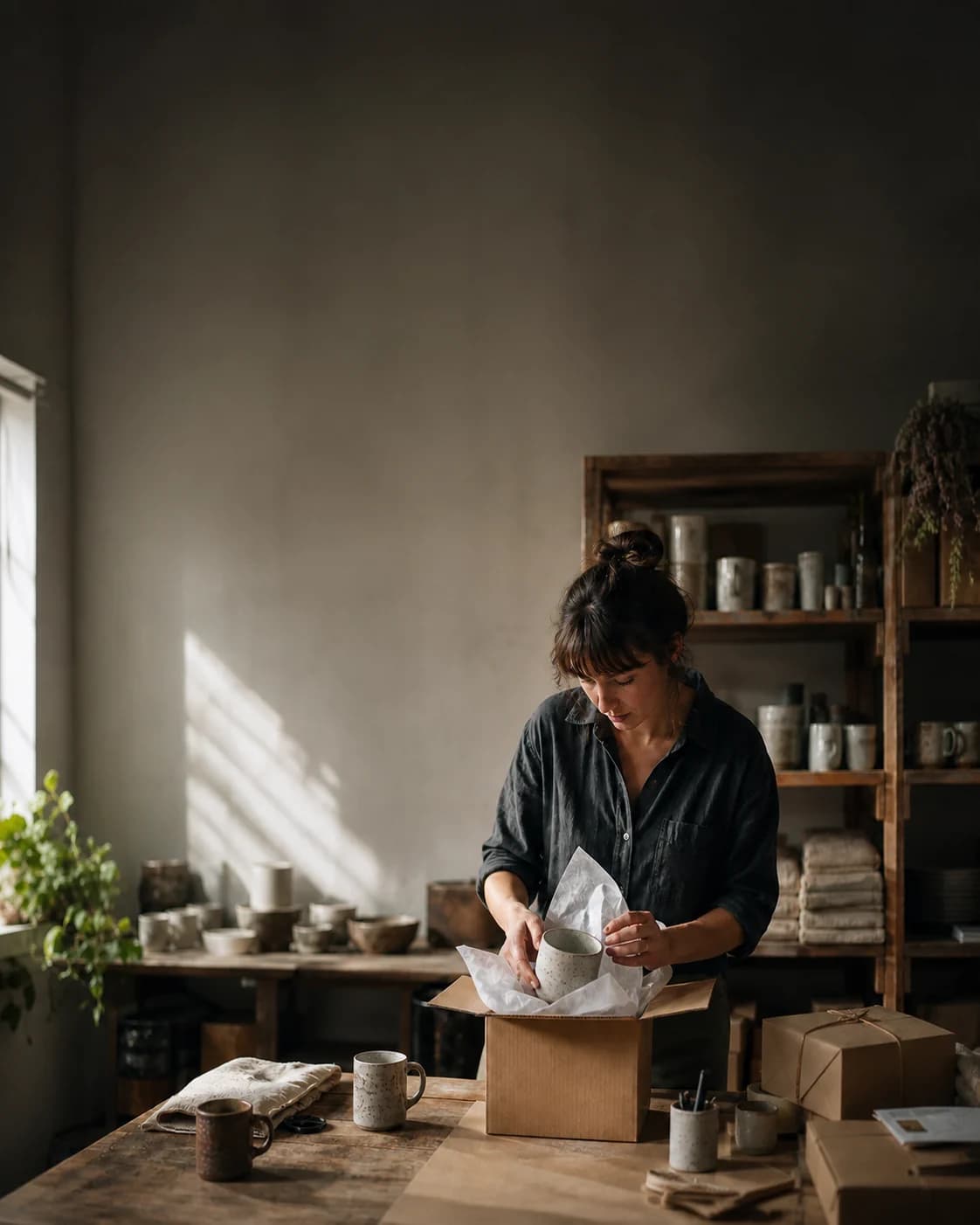 A home-goods merchant folding tissue around a ceramic cup at a packing table inside her working studio